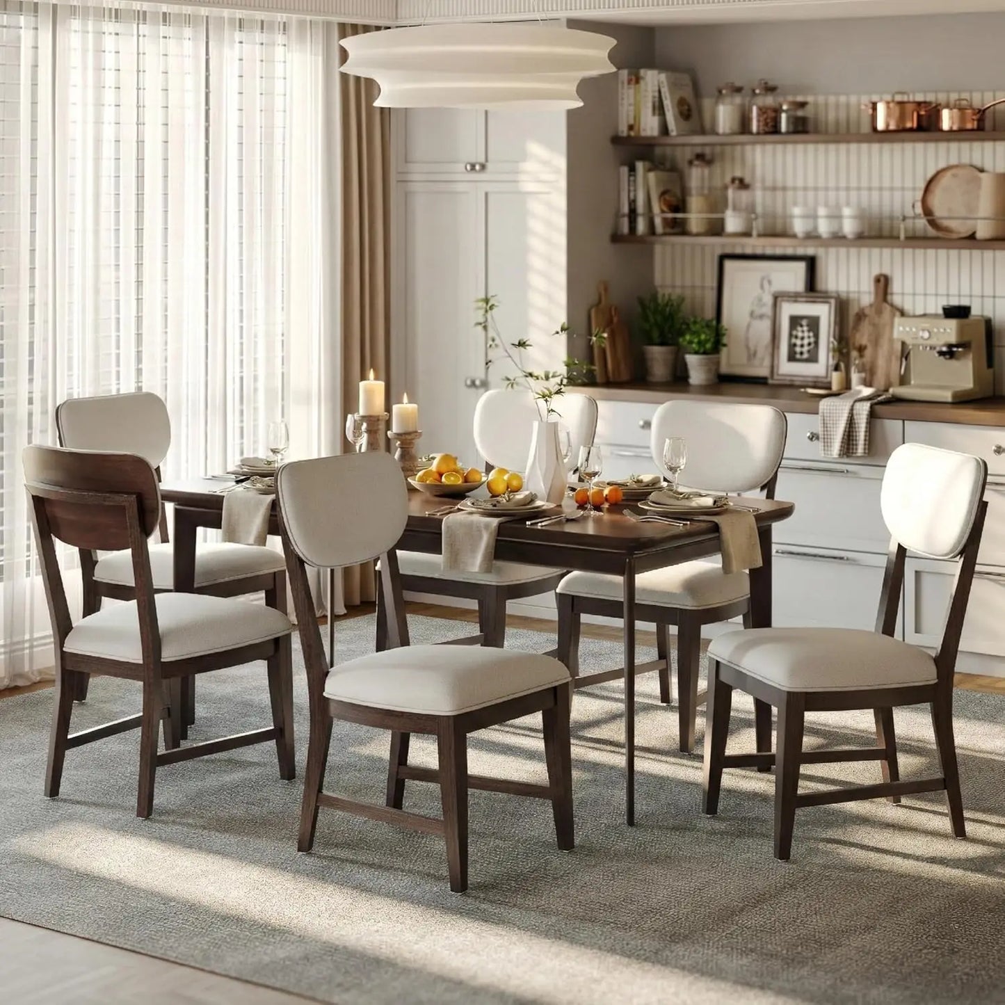 Solid Wood Dining Chairs Set of 6, Mid Century Modern Upholstered Kitchen Chairs with 3.3" Thick Cushion, Farmhouse