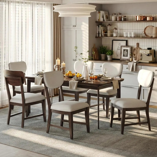 Solid Wood Dining Chairs Set of 6, Mid Century Modern Upholstered Kitchen Chairs with 3.3" Thick Cushion, Farmhouse