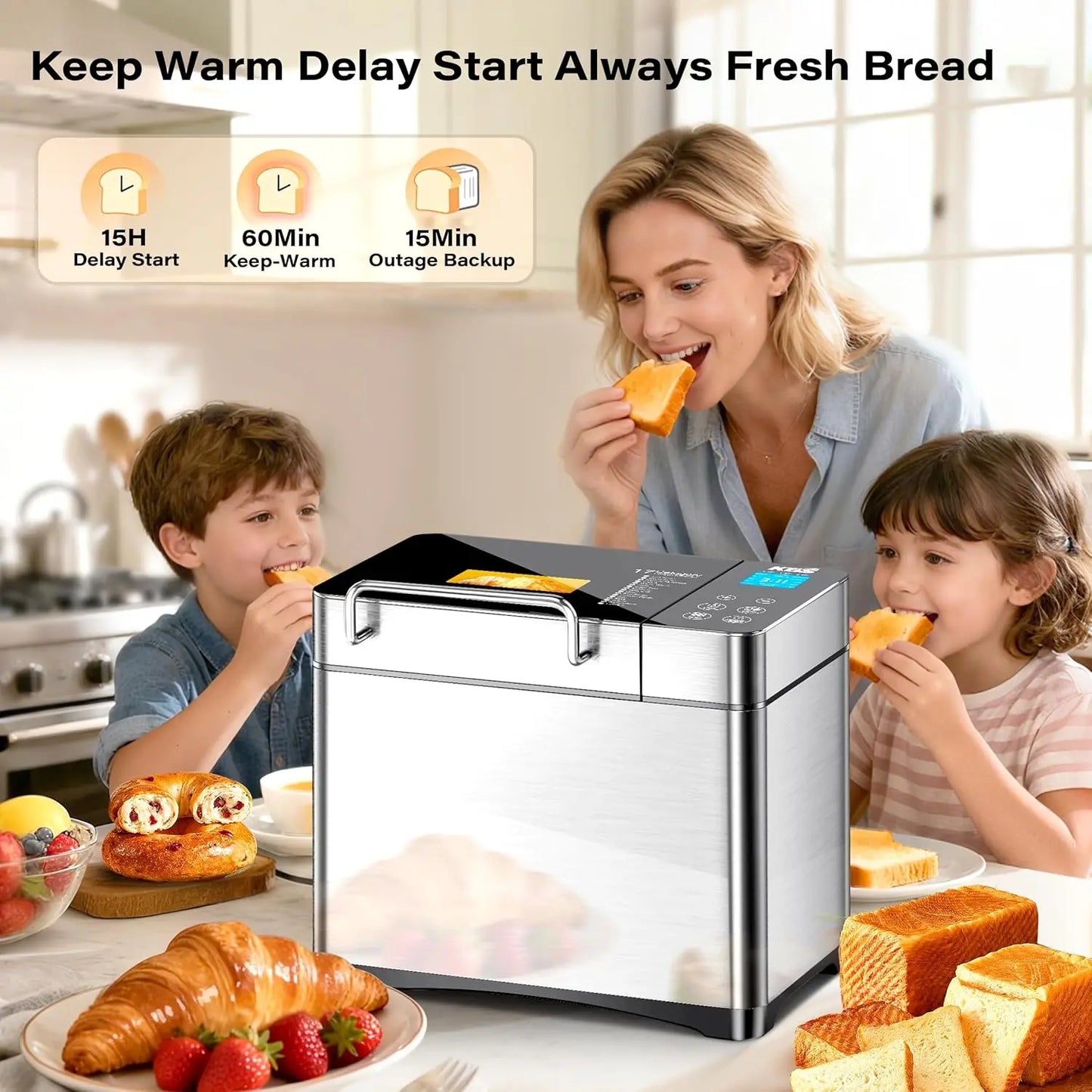 17-in-1 Automatic Bread Maker with Ceramic Pan, Nut Dispenser, Touch Panel, Stainless Steel, 3 Crust Options, 15H