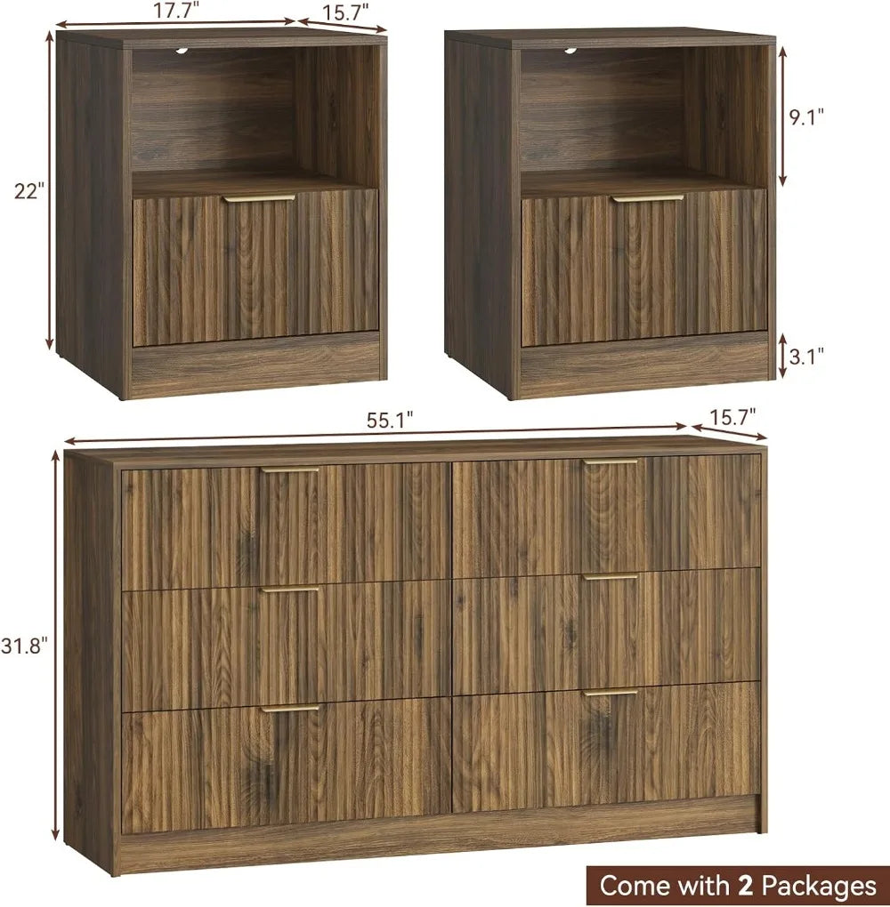 3-Piece Bedroom Set: 55" Dresser + 2 Nightstands, 8 Drawers, Walnut