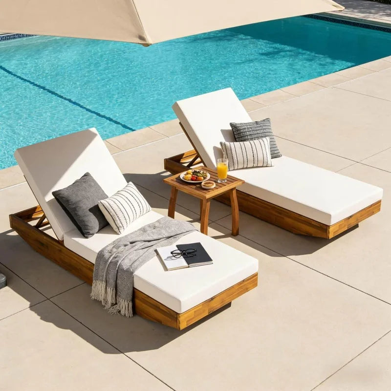 Wood Chaise Lounge with Cream Water-Repellent Cushion, 79.6" L x 29" W, 300 lbs Capacity