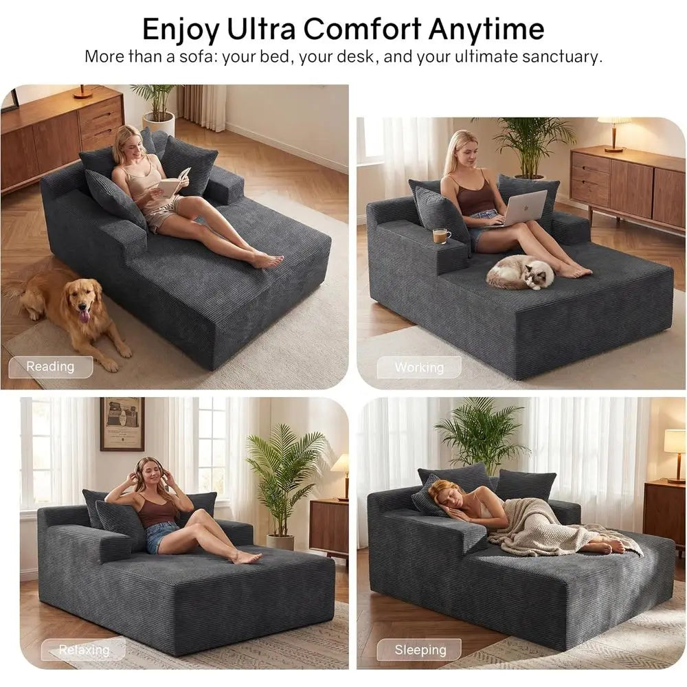 Oversized Chaise Lounge Chair with 3 Pillows, Corduroy Cloud Reading Chair, Deep Seat Sleeper Couch