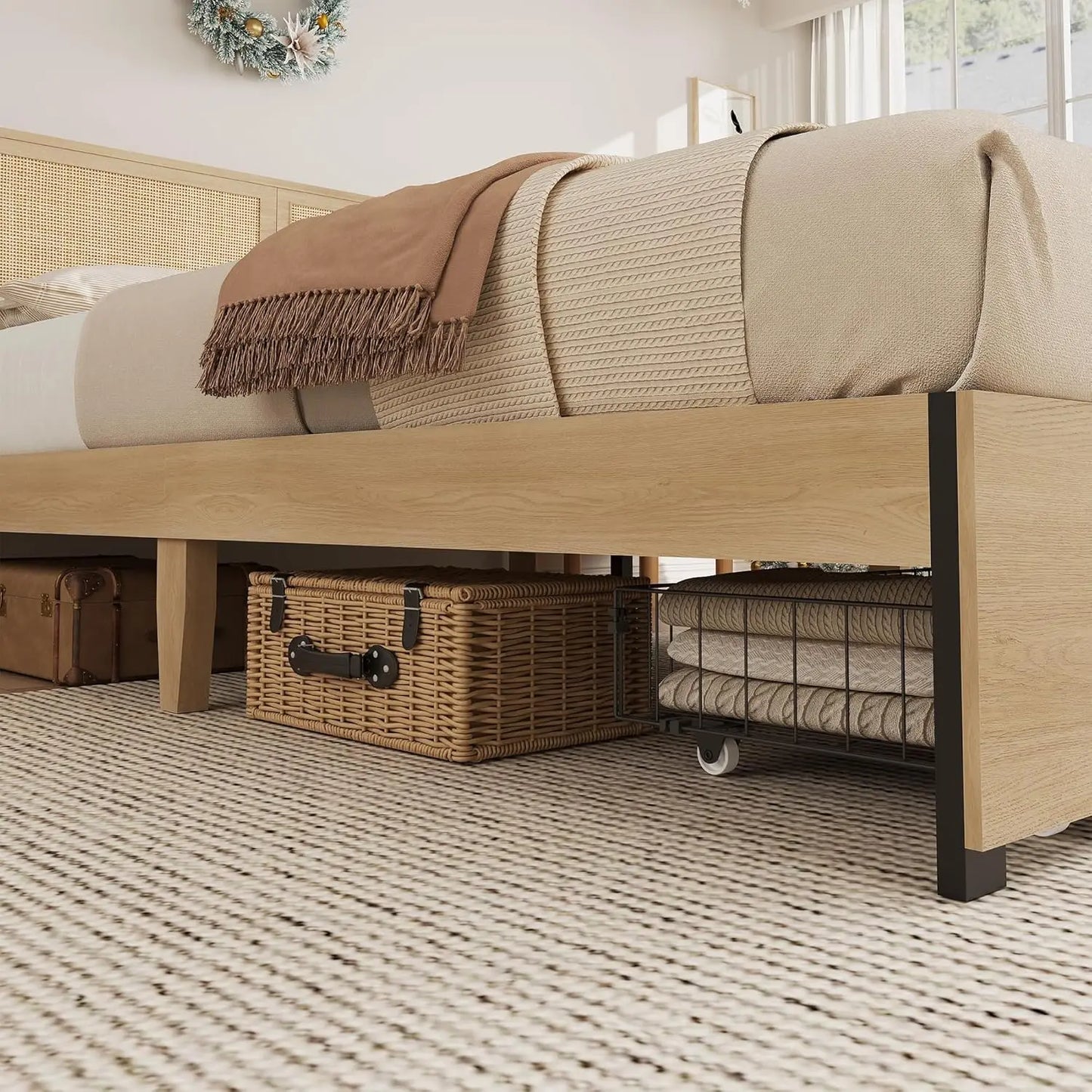 Rattan Bed Frame with Headboard, Boho Cane Platform Bed Frame with Drawer, Strong Metal Slats Support