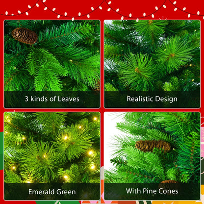 6FT Grass Green Pine Christmas Tree, Pre-Lit with Garland & Wreath,