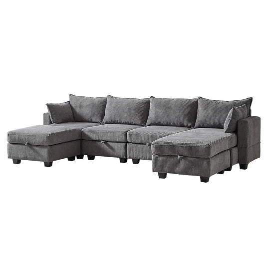 U-Shaped Modular Sectional Sofa with Storage Ottoman, Corduroy Upholstered Convertible Couches with Chaise