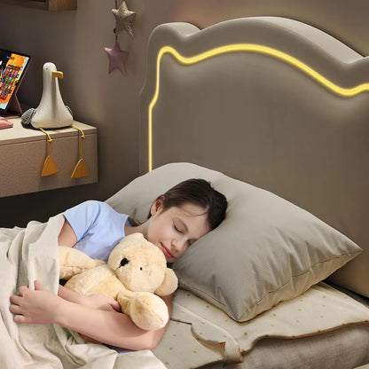 Twin Bed Frame with Upholstered Adjustable Headboard & Smart LED Velvet Princess Platform Bed for Girls/Kids Wood Slats Support