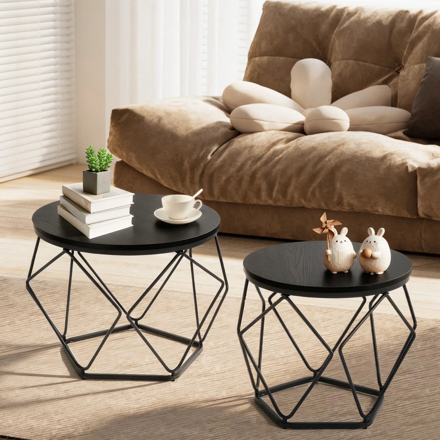 Round Geometric Coffee Table Set of 2 Movable End Tables for Living Room Nesting Side Tables with Hidden Storage