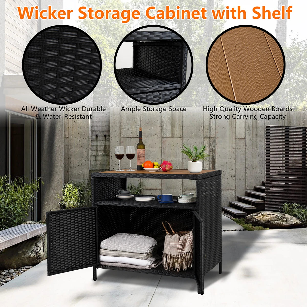 Weatherproof Outdoor Wicker Bar Table Storage Cabinet w/Double Doors & Shelves, Rattan Patio Buffet Console for Garden Poolside