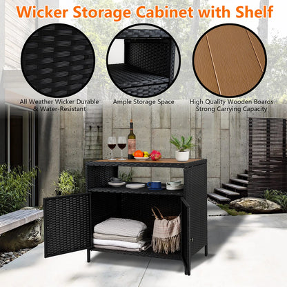 Weatherproof Outdoor Wicker Bar Table Storage Cabinet w/Double Doors & Shelves, Rattan Patio Buffet Console for Garden Poolside