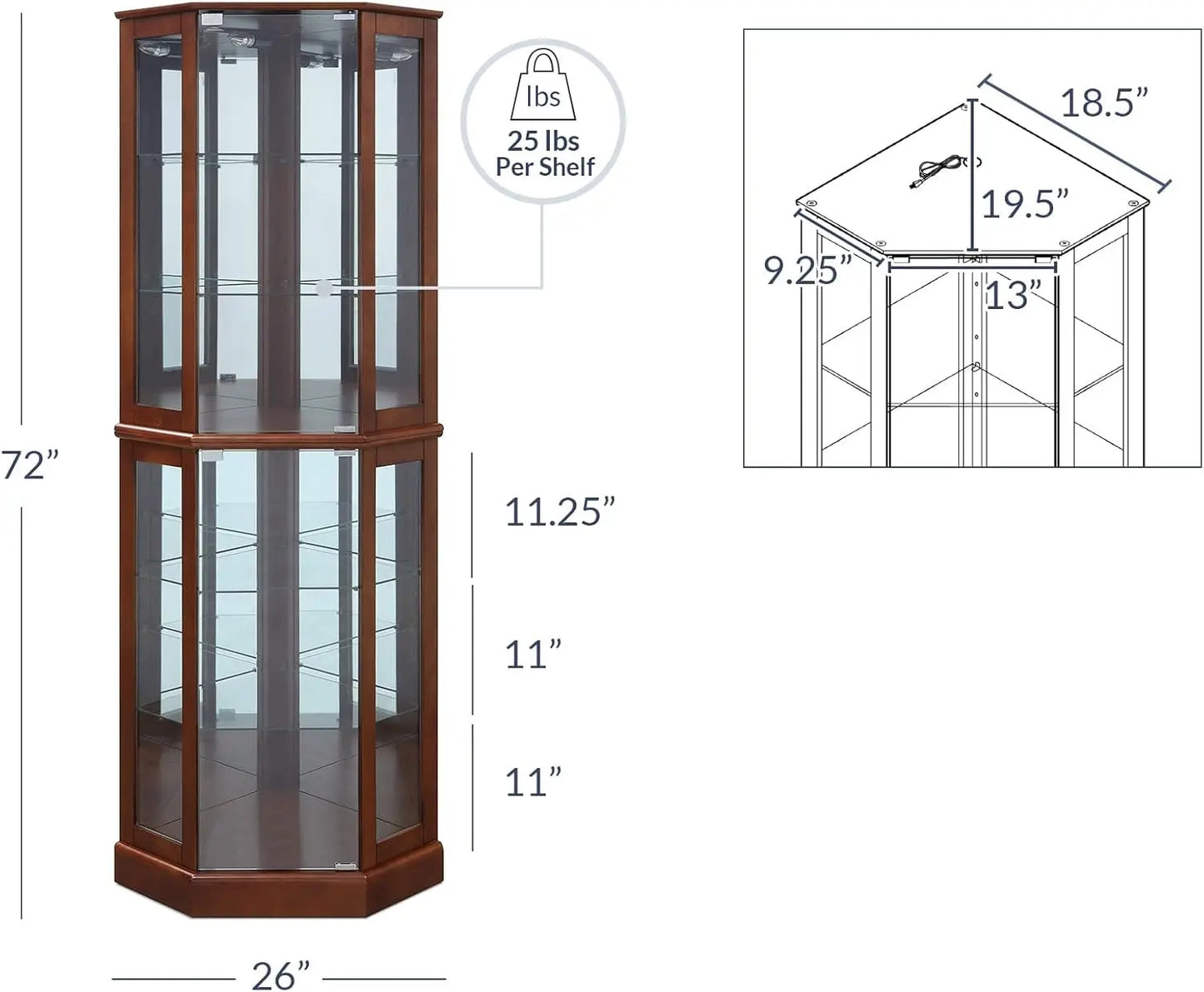 Lighted Corner Display Curio Cabinet,72" Tall Wooden Curved Shelving Unit with Tempered Glass Door, Bar and Liquor Storage Area