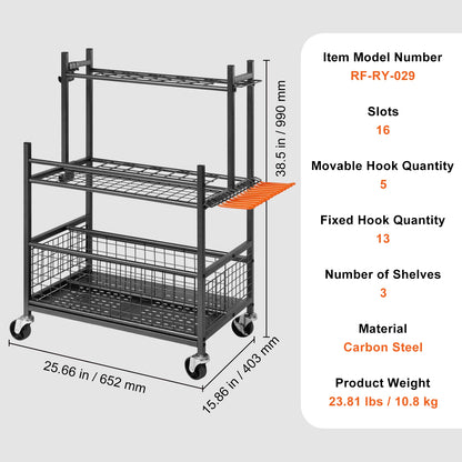 Garden Tool Organizer Yard Tool Tower Rack with Hooks Wheels Long-Handled Rake Stand Holder for Garage Storage