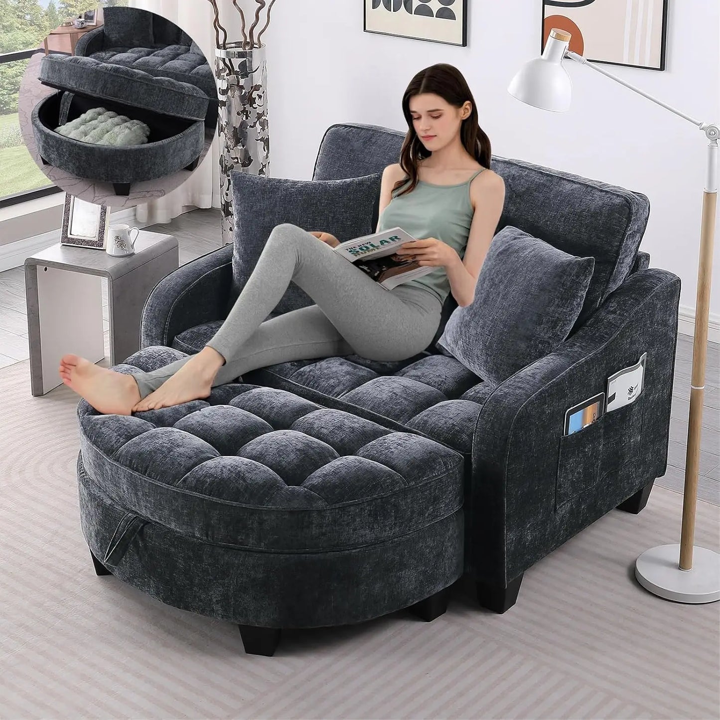 Oversized Curved Chaise Lounge Chair Indoor with Ottoman, 54.8" Cloud Reading Chair Soft Chenille Circle, Customized