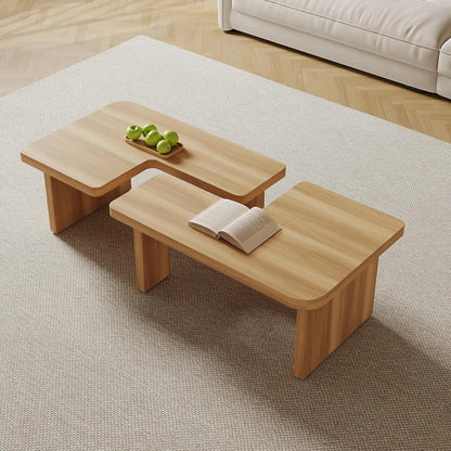 Mid-Century Nesting Coffee Table Set, 2 Adjustable Square Wood Tables, Minimalist Tea Table, Brown