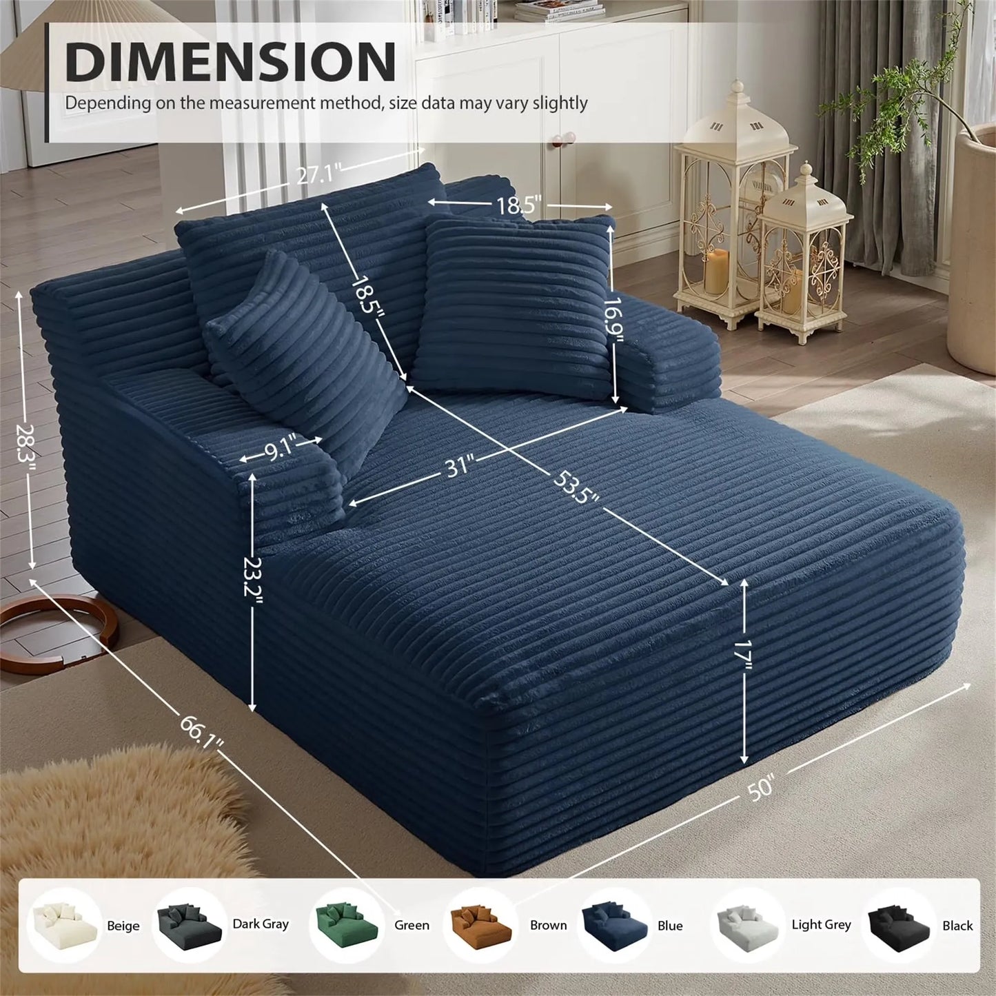 Oversized Chaise Lounge Chair Corduroy Oversized Boneless Couch Sofa Bed Reading Chair Sleeper Chaise with 3 Pillows, Blue