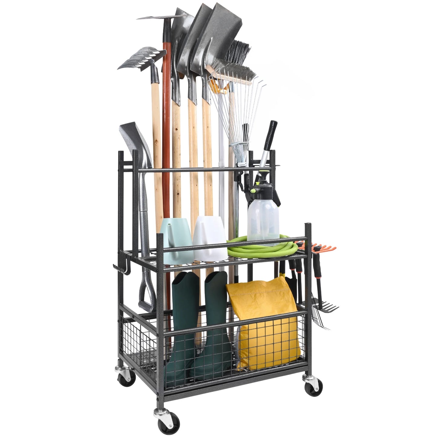 Garden Tool Organizer Yard Tool Tower Rack with Hooks Wheels Long-Handled Rake Stand Holder for Garage Storage