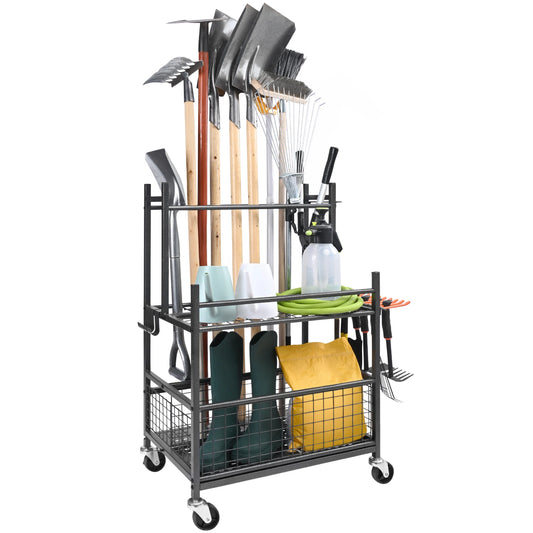 Garden Tool Organizer Yard Tool Tower Rack with Hooks Wheels Long-Handled Rake Stand Holder for Garage Storage
