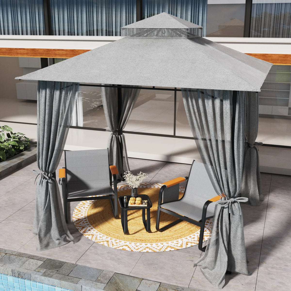 Double Tier Soft Canopy Patio Gazebo & 3-Piece Textilene Outdoor Furniture Set