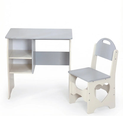 Kids Desk and Chair Set Multifunctional White and Grey Toddler Student Writing Table Set for Home School