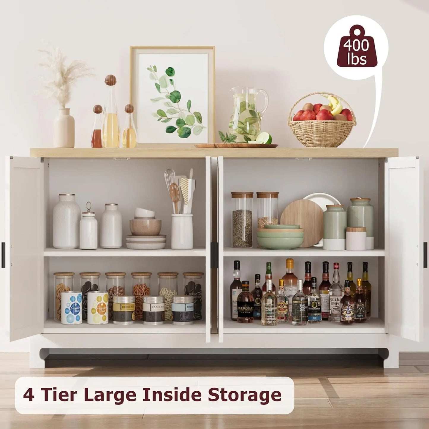 Buffet Cabinet, Rattan Storage Cabinet with 4 Doors and Shelf, Modern Console Coffee Bar Cabinet For  Home, Dining Room, Kitchen