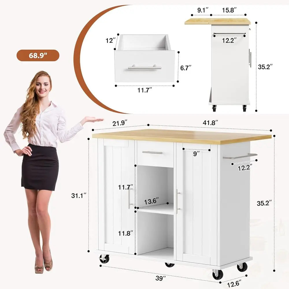 Rolling Kitchen Island Cart with Storage, Drop Lea Countertop, Ders & Towel Rack, Mobile Kitchen Table on Wheels