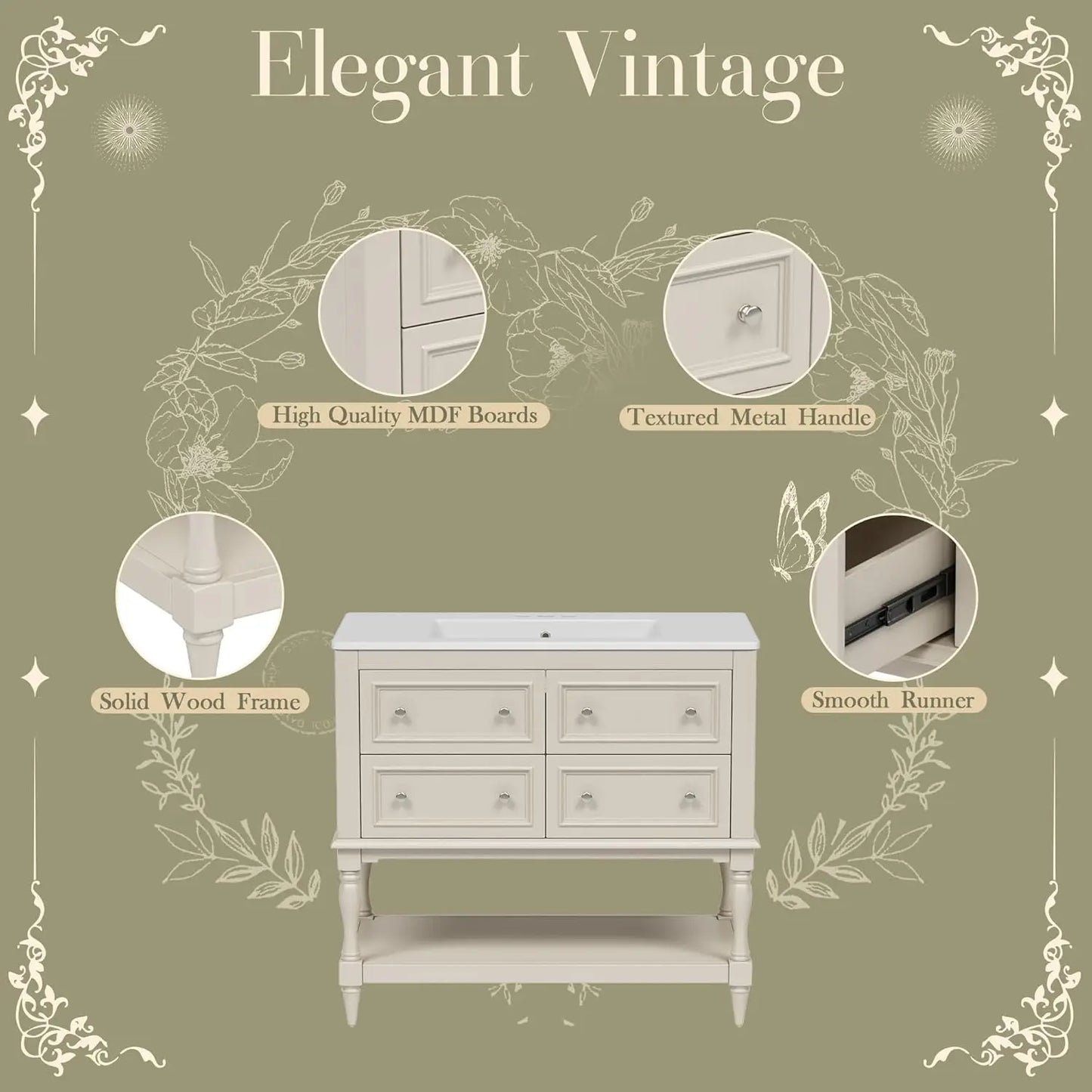 Bathroom Vanity with Sink Farmhouse Storage Cabinet 4 Drawers Open Shelf Solid Wood Frame