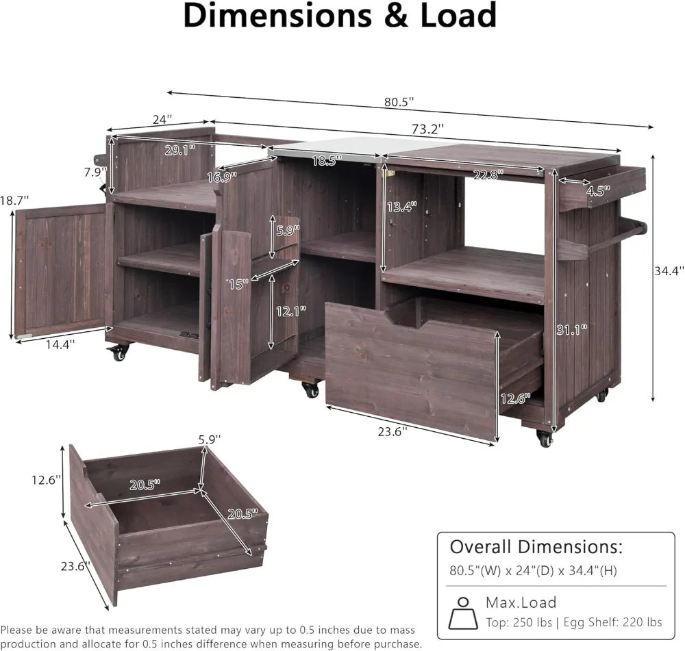 Outdoor Grill Cart 80.5" Solid Wood Kitchen Island Stainless Steel Top Rolling Cart for Griddle