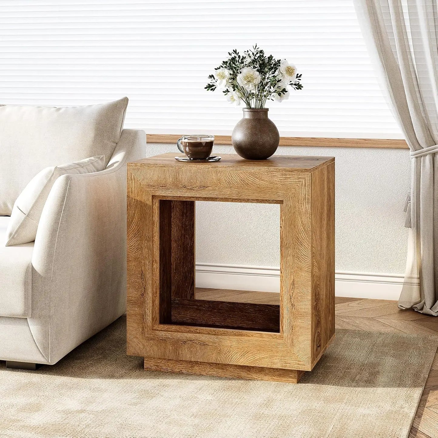 End Table, Wooden Square Side Table, Farmhouse Sofa Side Tables for Living Room, 2-Tier Bedside Table for Bedroom