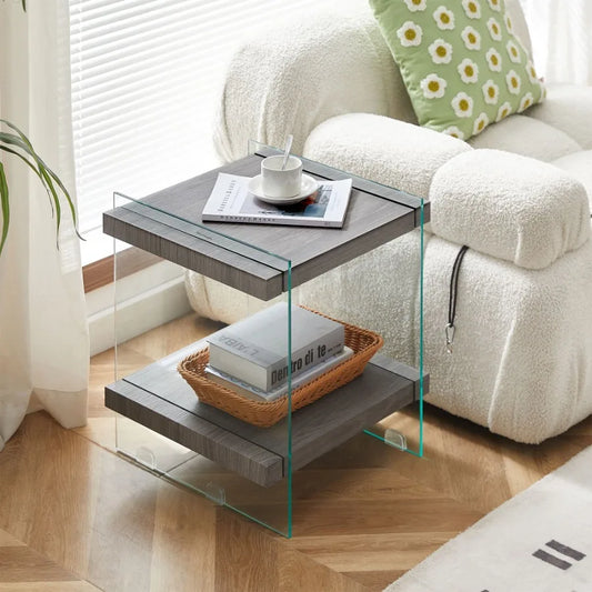 17.72 Sleek and Sturdy Tempered Glass Leg Side Table with Dual MDF Shelves Modern