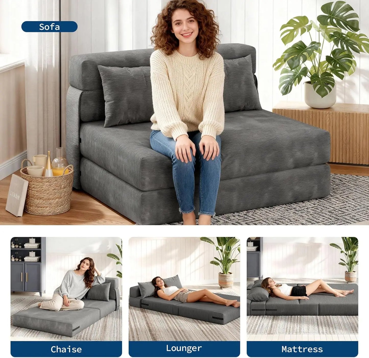 Convertible Folding Sofa Bed Sleeper Chair Bed with Pillow Portable Lazy Floor Sofa Lounger 2 in 1 Pull Out Loveseat Sofa