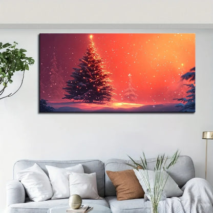 A Christmas tree landscape in a dreamy night scene, adding festive atmosphere and joy, with a 1.5 inch thick solid wood frame