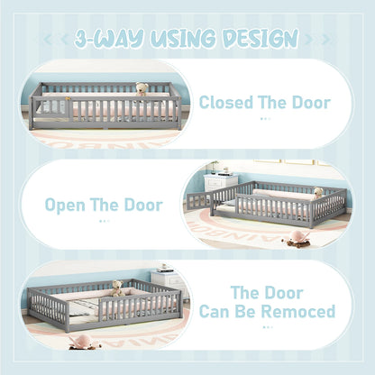 Toddler Floor Bed Frame with Safety Guardrails Doors Wood Slat Support Bed Detachable Platform Bed for Kids Bedroom Nursery