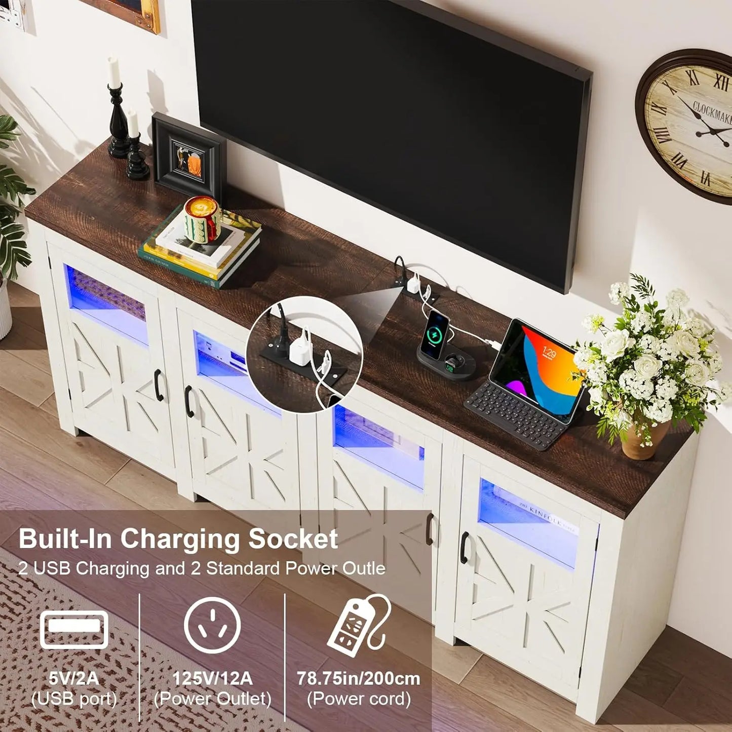 LED Farmhouse TV Stand for 80/75/70 Inch TVs with Power Outlets, Tall Entertainment Center Storage