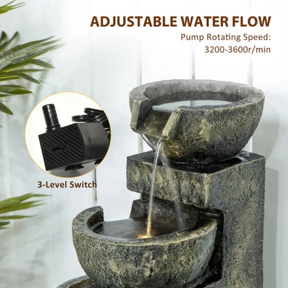 Outdoor Fountain with 4-Tier Stacked Stone Look Bowls, Cascading Waterfall,