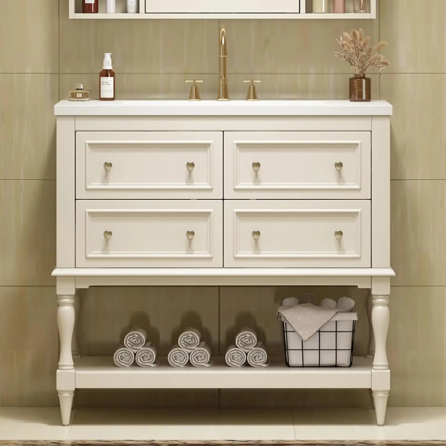 Bathroom Vanity with Sink Farmhouse Storage Cabinet 4 Drawers Open Shelf Solid Wood Frame
