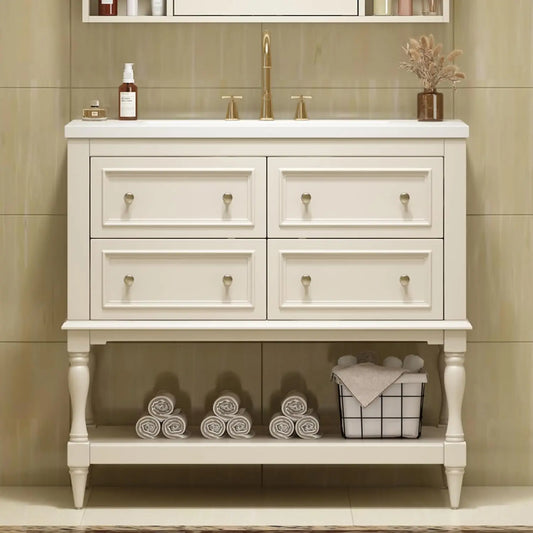 Bathroom Vanity with Sink Farmhouse Storage Cabinet 4 Drawers Open Shelf Solid Wood Frame