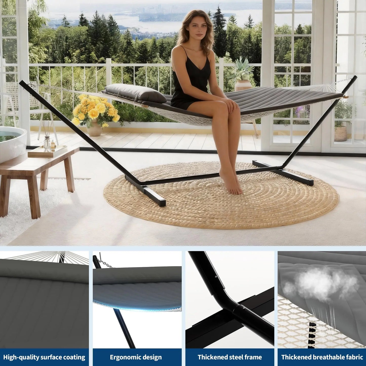 Portable Double Hammock With Stand, 2 Person Heavy Duty Hammock For Outdoor With Pillow & Adjustable Steel Stand For Garden