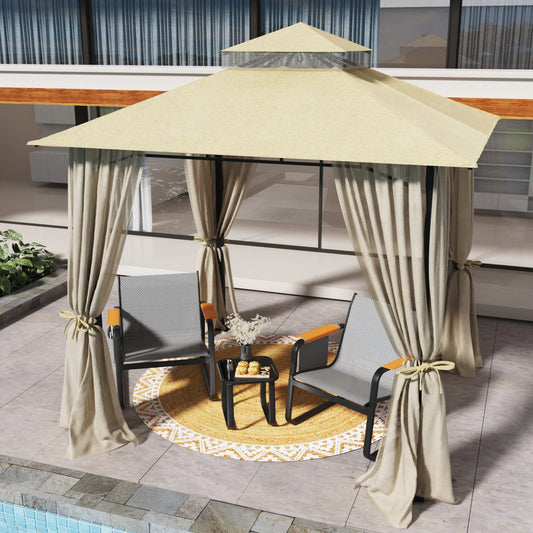 Double Tier Soft Canopy Patio Gazebo & 3-Piece Textilene Outdoor Furniture Set