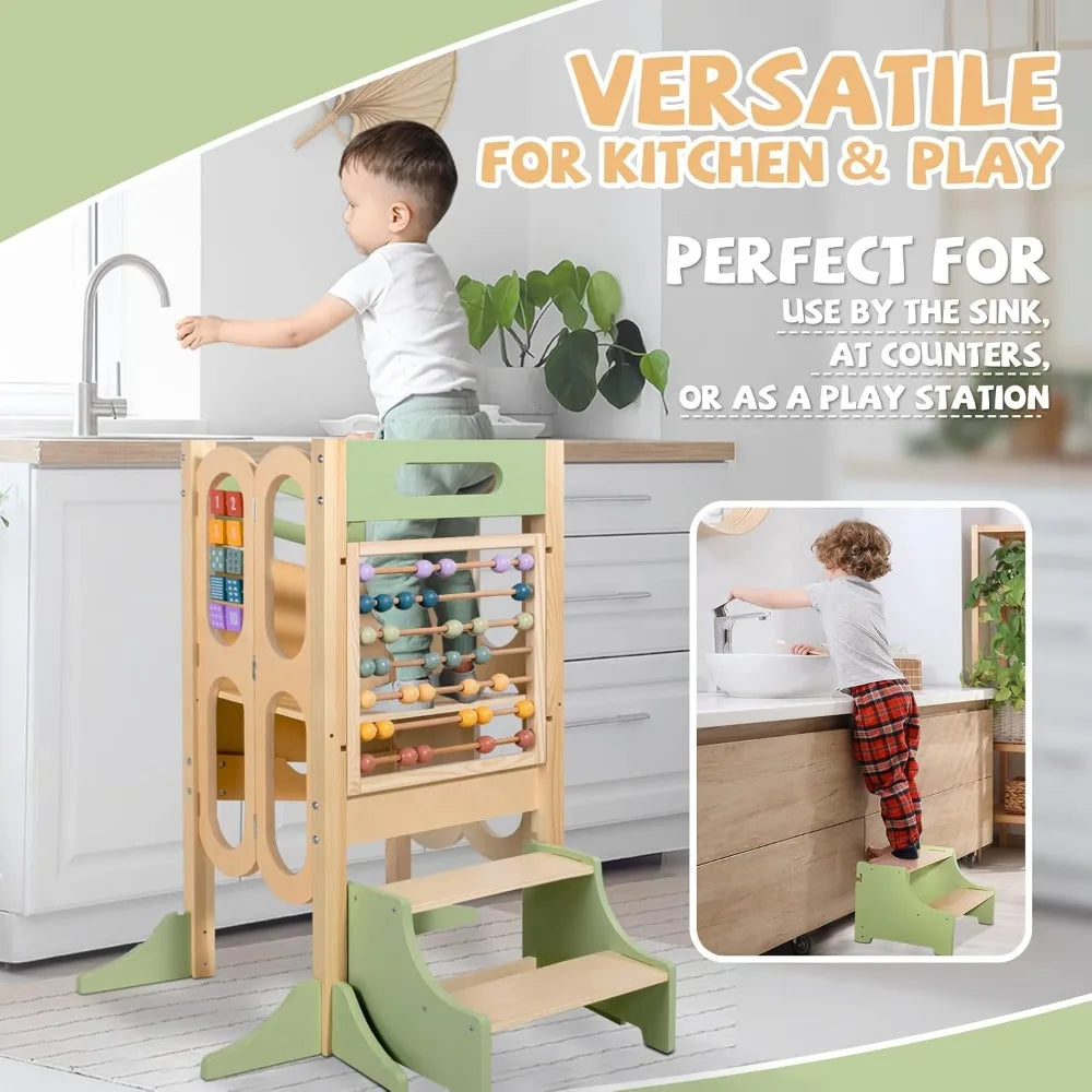 Foldable Toddler Tower with Adjustable Heights, Chalkboard & Learning Games - Safe Kitchen Step Stool for Kids