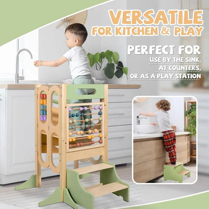 Foldable Toddler Tower with Adjustable Heights, Chalkboard & Learning Games - Safe Kitchen Step Stool for Kids