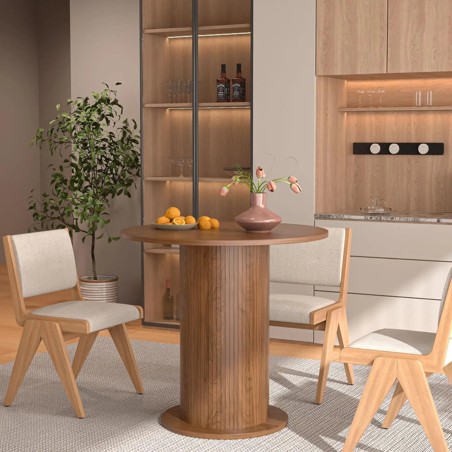 Round Dining Table for 2, Modern Farmhouse Kitchen Table, Small Circle Dining Tables with Wood Strip Base, Customized