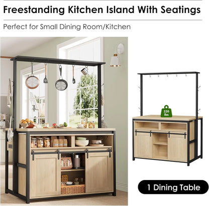 72 inch Tall Kitchen Island with Storage, Bakers Rack with Sliding Barn Door