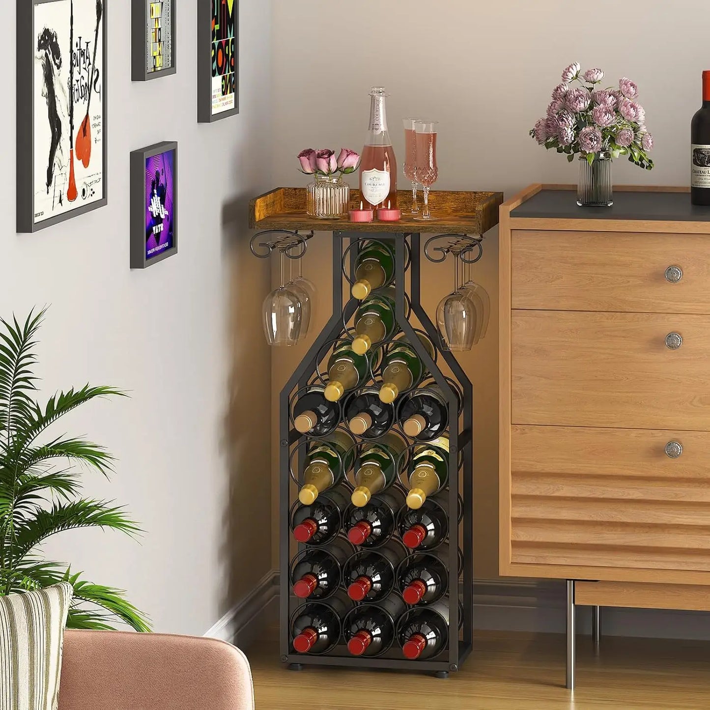 Freestanding Wine Rack with Tabletop and Glass Holder for Home Bar Kitchen Living Room