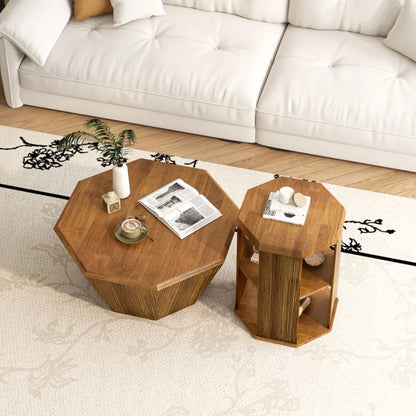 Octagonal Natural Rubber wood Set of Two Coffee Table