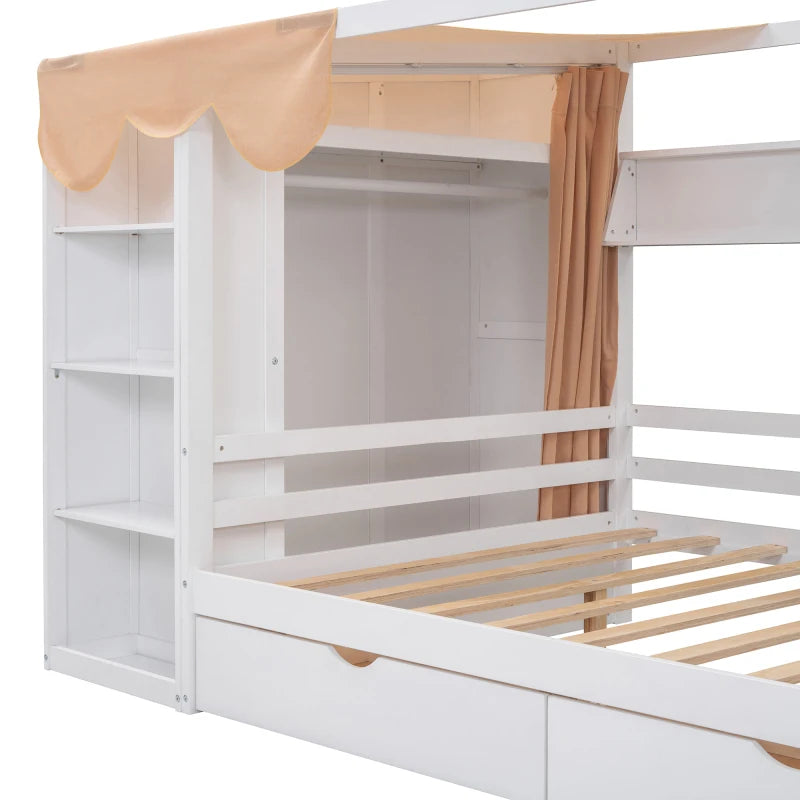 Full size House Bed with Two Drawers and Wardrobe,sturdy construction and Unique design,White/Gray /Natural.