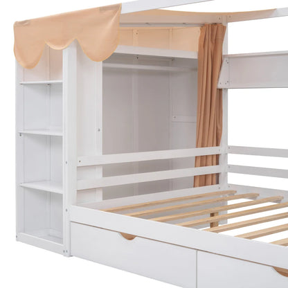 Full size House Bed with Two Drawers and Wardrobe,sturdy construction and Unique design,White/Gray /Natural.