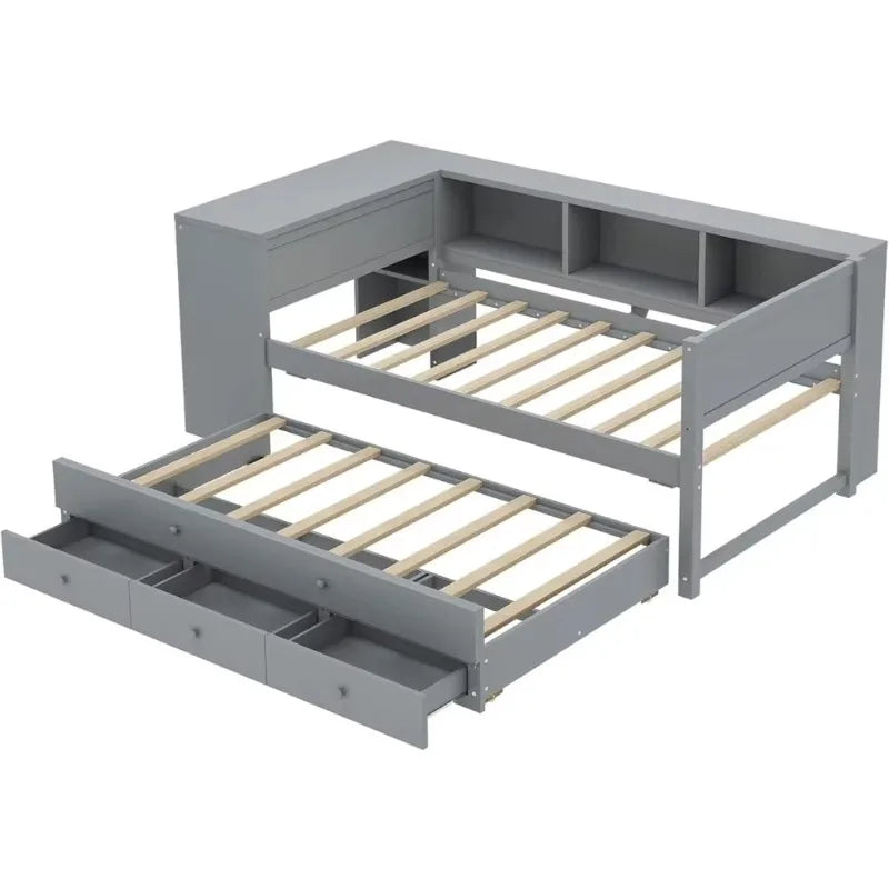 Twin Size Corner Daybed with Trundle, 3 Drawers & Desk - Grey Wooden Storage Bed for Kids Teens