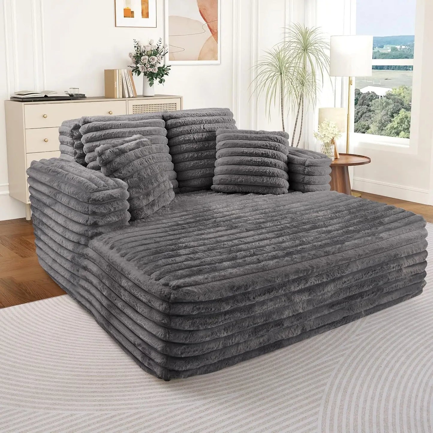 Oversized Chaise Lounge Indoor, Modern Plush Corduroy Fabric Deep Seat Boneless Memory Foam Sleeper Chaise Lounge, Customized