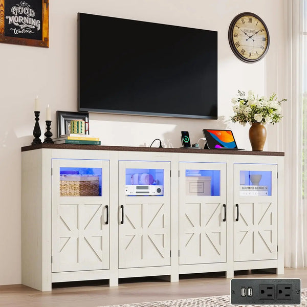 LED Farmhouse TV Stand for 80/75/70 Inch TVs with Power Outlets, Tall Entertainment Center Storage