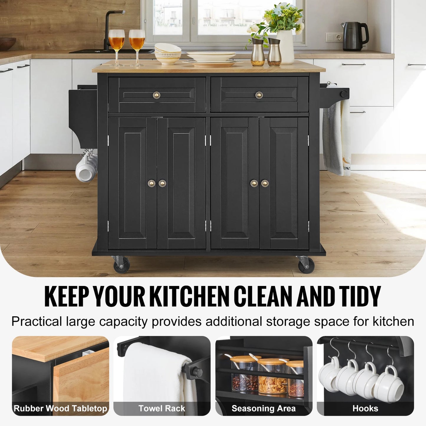 Kitchen Island Cart Wood Top Mobile Carts with Storage Cabinet Rolling Table with Drop Leaf Spice Rack Towel Bar