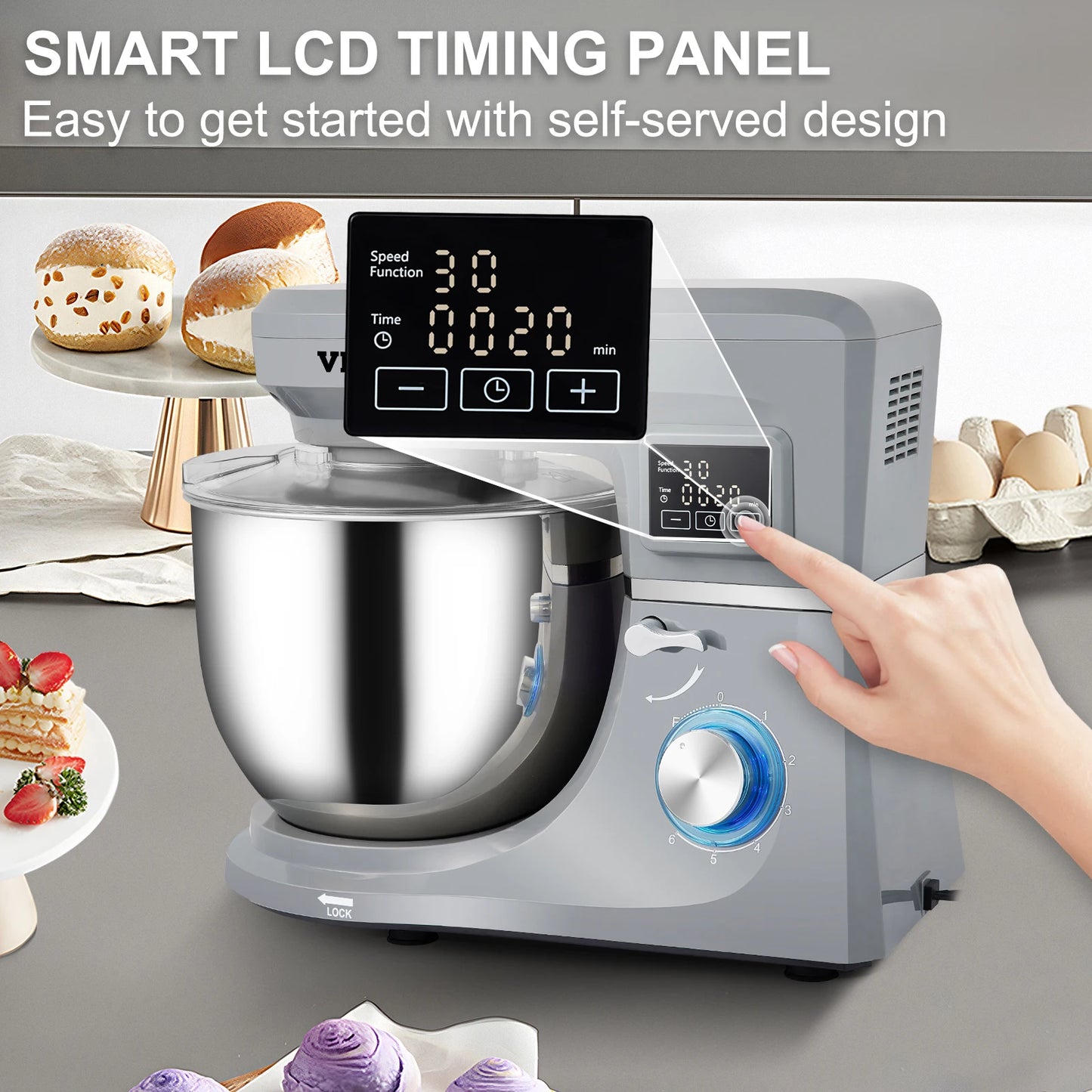 Stand Mixer Multifunctional Electric Mixer with 6 Speeds LCD Screen Timing 7.4 Qt Stainless Bowl Dough Hook